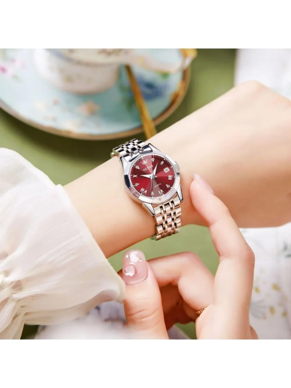 Women’s Silver Red Luxury Stainless Steel Waterproof Quartz Analog Dress Watch